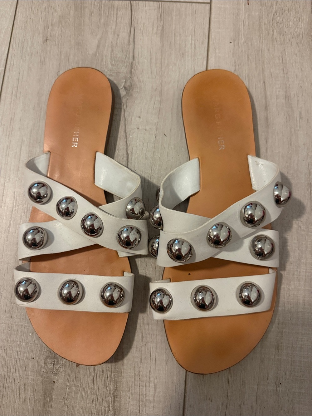 Marc Fisher White Studded Leather Slide Sandals - Women